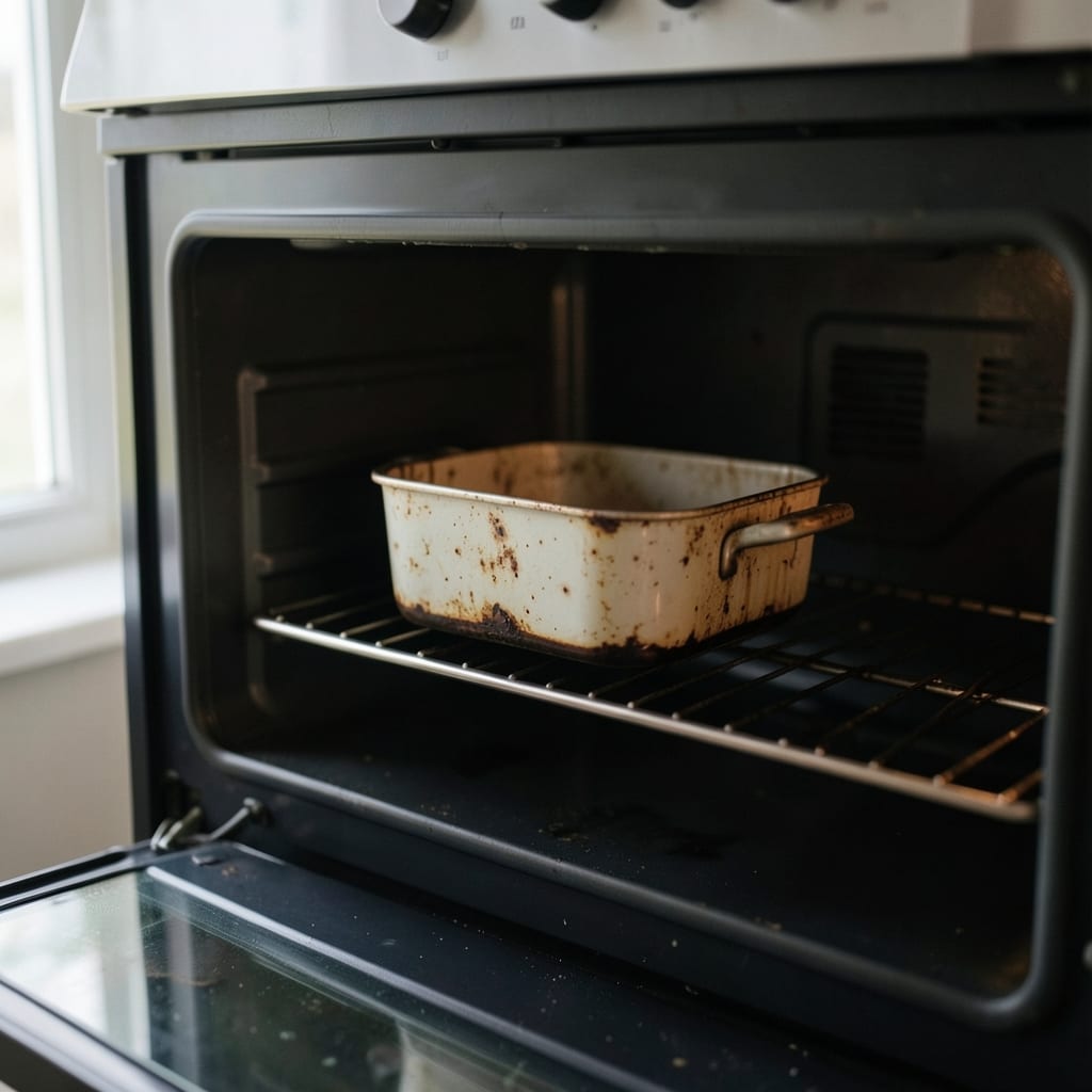 An ordinary home oven with one tin in it