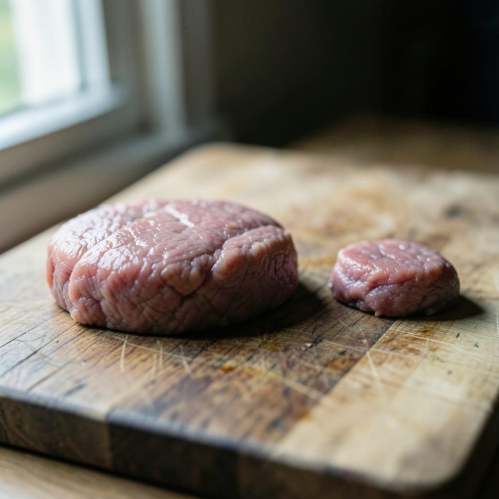 Three chops of different thickness, ready to be tested
